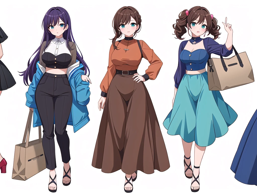 (((Best Quality))) , ((full body)), 4 lady, adult woman, multiple views, (((white background,))) variety of hairstyles, variety of fashion styles, seductive pose, fashionable and trendy atmosphere, holding bag, walk pose, dark blue/dark orange/dark green/dark violet/brown/white, short pants, bustier,