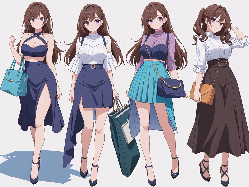 (((Best Quality))) , ((full body)), 4 lady, adult woman, multiple views, (((white background,))) variety of hairstyles, variety of fashion styles, seductive pose, fashionable and trendy atmosphere, holding bag, walk pose, dark blue/dark orange/dark green/dark violet/brown/white, short pants,   bustier,
