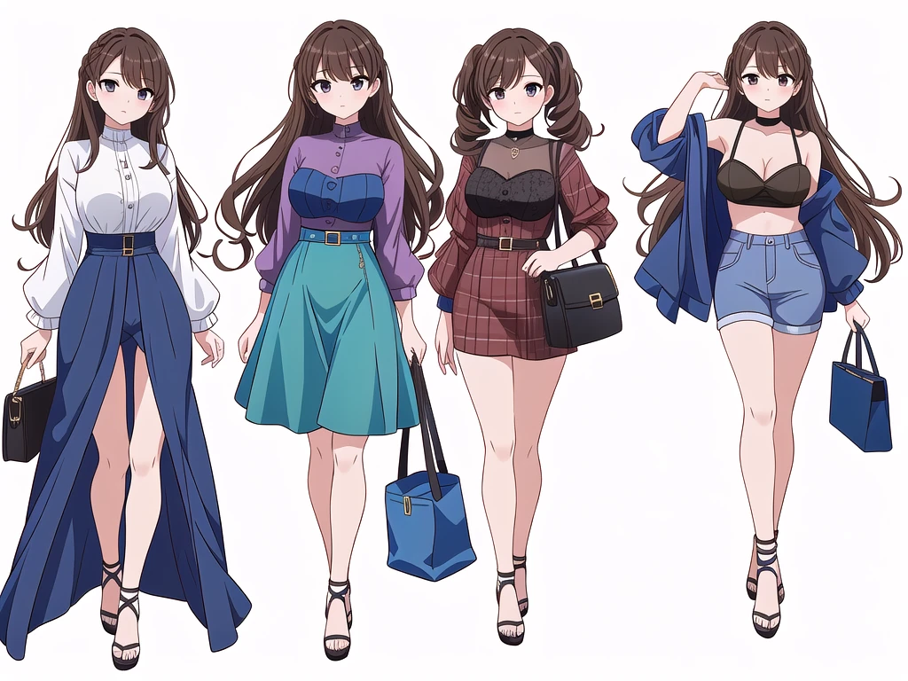 (((Best Quality))) , ((full body)), 4 lady, adult woman, multiple views, (((white background,))) variety of hairstyles, variety of fashion styles, seductive pose, fashionable and trendy atmosphere, holding bag, walk pose, dark blue/dark orange/dark green/dark violet/brown/white, short pants, bustier,