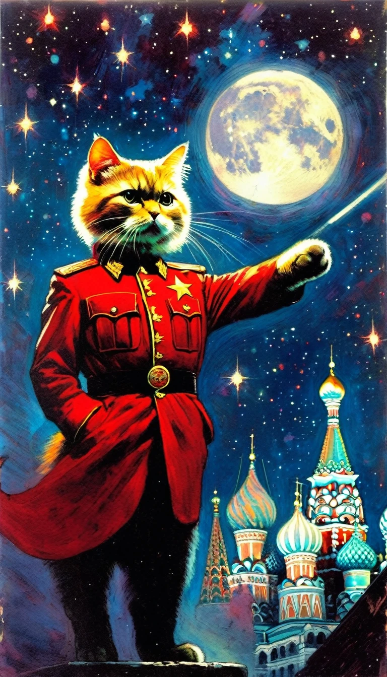 1communist cat, red star, magic, fantastic, night sky, moon, stars, background, Moscow (art inspired in Bill Sienkiewicz). oil painting)