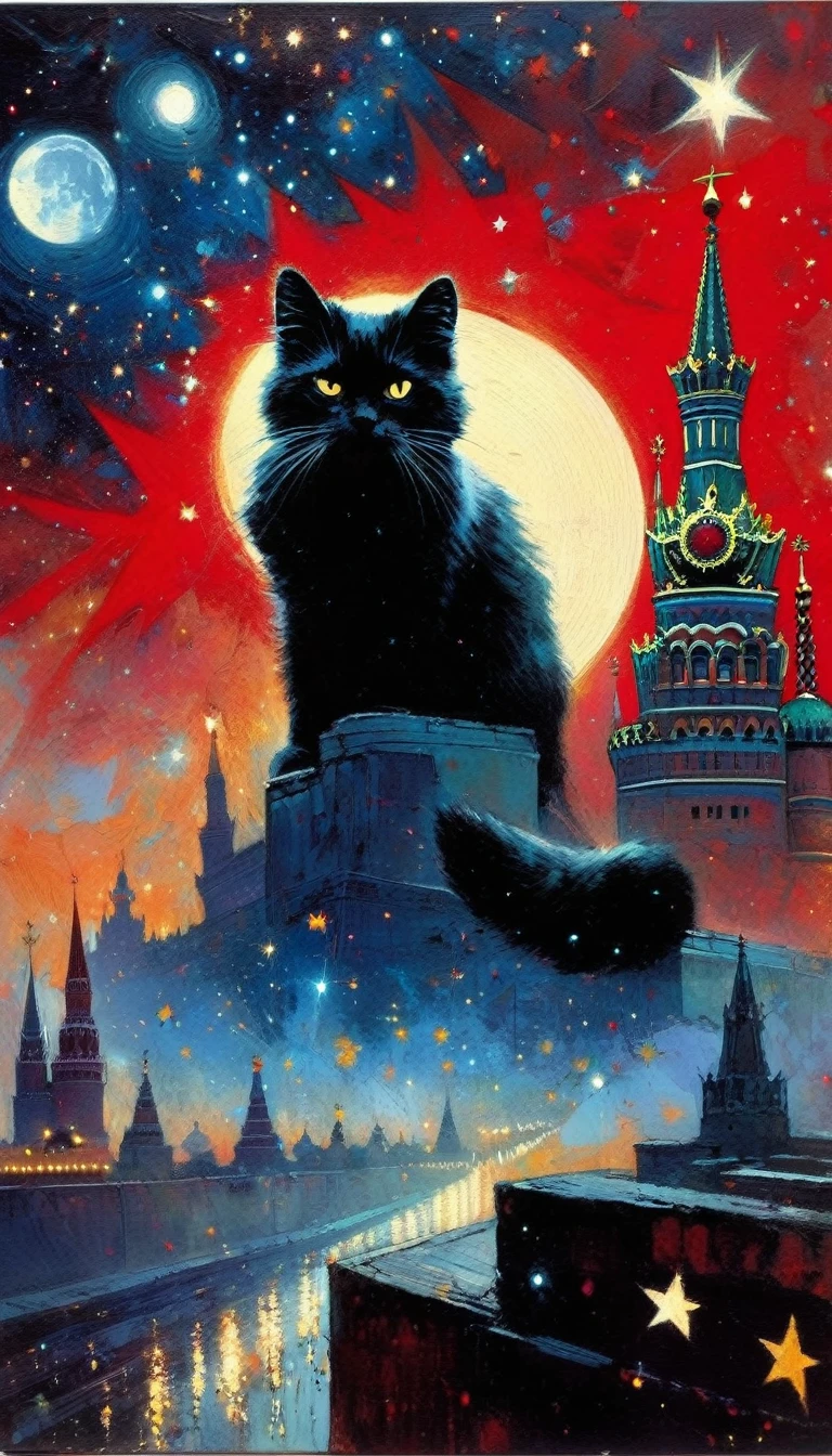 1communist cat, red star, magic, fantastic, night sky, moon, stars, background, Moscow (art inspired in Bill Sienkiewicz). oil painting)