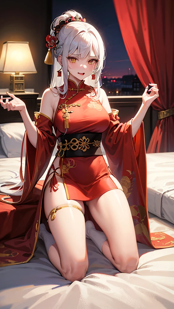 A female empress, white-haired, with yellow eyes, red nails, showing breasts, legs open showing pussy, with an angry face and a provocative look, mouth open with tongue out. Wearing traditional Chinese imperial clothing, decorated in gold with black details, with red Hanafuda earrings, with a short red skirt. Kneeling on a hotel room bed with the sunset at the window in the background.