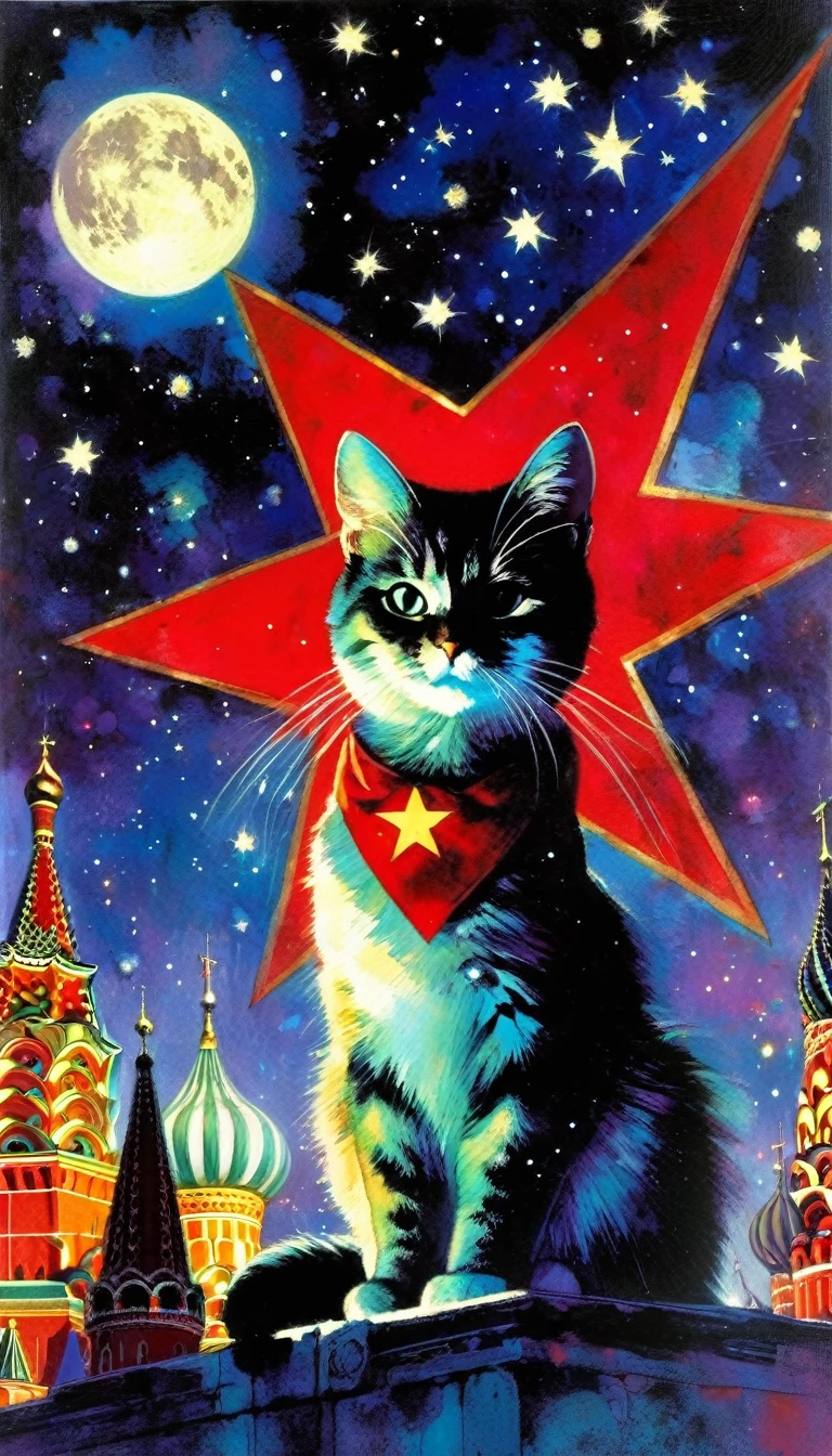 1communist cat, red star, magic, fantastic, night sky, moon, stars, background, Moscow (art inspired in Bill Sienkiewicz). oil painting)