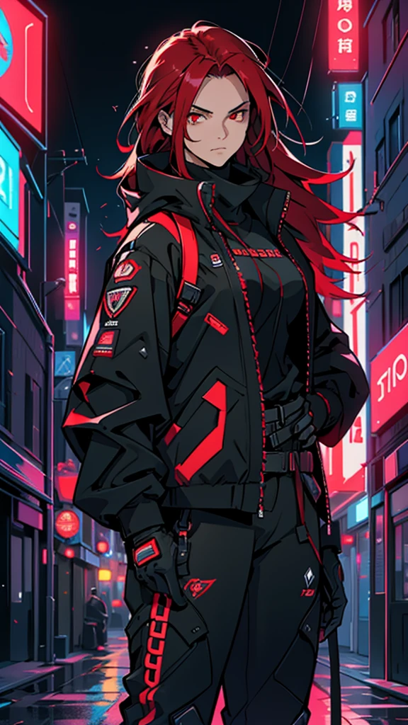(masterpiece, best quality, Detailed), detailed face. A cinematographic scene of a serious badass long red hair girl, red eyes, with black techwear clothes, Neon lights and buildings background.