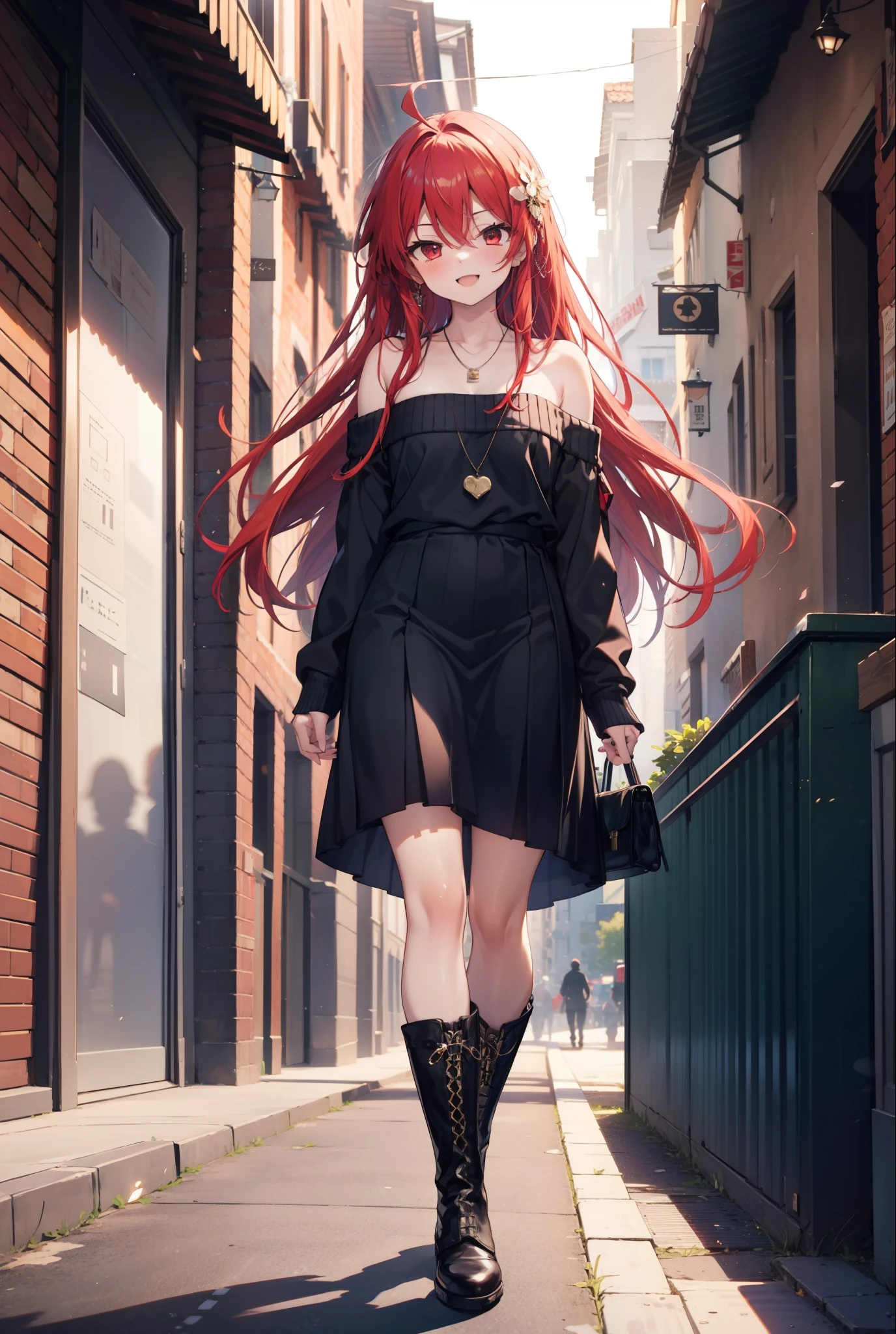 Shana,灼眼のShana,Long Hair, Red Hair, Red eyes,Ahoge,happy smile, smile, Open your mouth,Oversized off-the-shoulder sweater,Bare shoulders,bare clavicle,Bare neck,Locket Necklace,black long skirt,short boots,Daytime,sunny,Walking,whole bodyがイラストに入るように, break outdoors, Building district, break looking at viewer, whole body, break (masterpiece:1.2), Highest quality, High resolution, unity 8k wallpaper, (shape:0.8), (Beautiful attention to detail:1.6), Highly detailed face, Perfect lighting, Highly detailed CG, (Perfect hands, Perfect Anatomy),