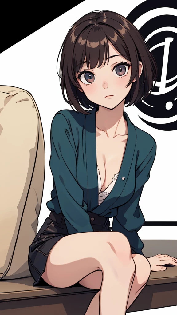 (((masterpiece, best quality, ultra highres, 1 girl, solo, no background))), super detailed skin and face and eyes and finger, beautiful japanese woman, small breasts:1.5, skinny, light brown hair, white background, very short pixie hair, (an illustration of girl), Knee shot, Generate with illustrations, Various expressions, Various poses, outline, anime, casual fashion,