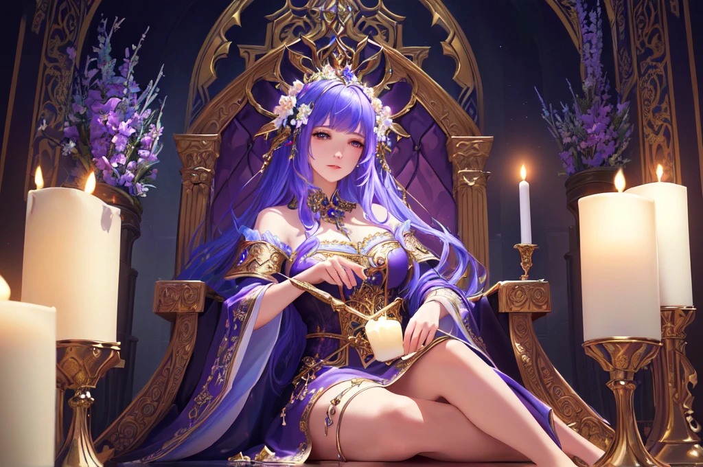 a woman sitting on a throne surrounded by candles and flowers, 4K fantasy art, beautiful fantasy art, epic fantasy art style hd, fantasy art style, very beautiful fantasy art, detailed fantasy art, fantasy art in high definition, detailed fantasy digital art, fantasy style art., Fae Priestess, colorful digital fantasy art, a beautiful fantasy empress, 8K fantasy art