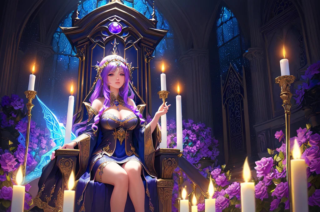 a woman sitting on a throne surrounded by candles and flowers, 4K fantasy art, beautiful fantasy art, epic fantasy art style hd, fantasy art style, very beautiful fantasy art, detailed fantasy art, fantasy art in high definition, detailed fantasy digital art, fantasy style art., Fae Priestess, colorful digital fantasy art, a beautiful fantasy empress, 8K fantasy art