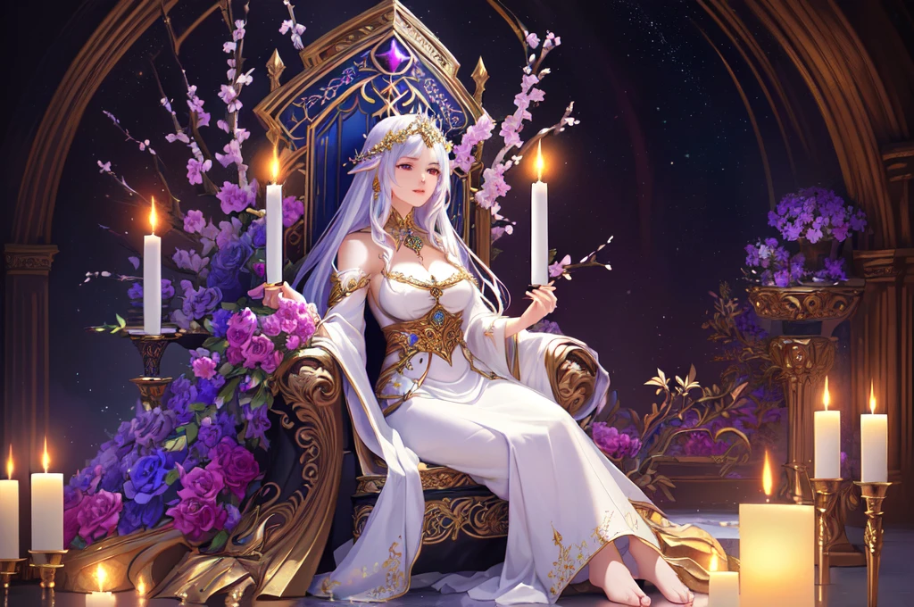 a woman sitting on a throne surrounded by candles and flowers, 4K fantasy art, beautiful fantasy art, epic fantasy art style hd, fantasy art style, very beautiful fantasy art, detailed fantasy art, fantasy art in high definition, detailed fantasy digital art, fantasy style art., Fae Priestess, colorful digital fantasy art, a beautiful fantasy empress, 8K fantasy art