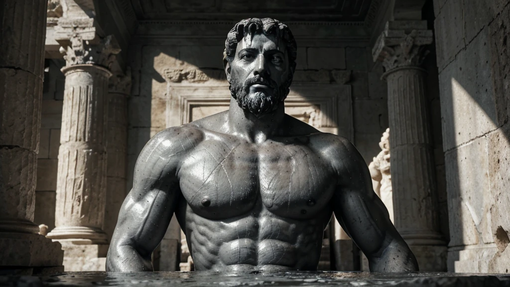 a portrait statue of the stoic Marcus Aurelius in black and white 4K, Super realistic ANCIENT GREEK RUINS, fully body, corpo stark, brawny, stark, wearing no shirt, tronco stark, stark, wearing no shirt, strong arms, 8K, ultra realisitic, cinematographic
