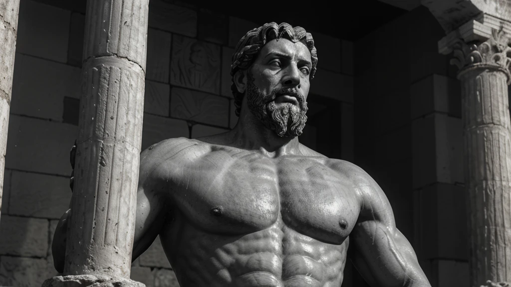 a portrait statue of the stoic Marcus Aurelius in black and white 4K, Super realistic ANCIENT GREEK RUINS, fully body, corpo stark, brawny, stark, wearing no shirt, tronco stark, stark, wearing no shirt, strong arms, 8K, ultra realisitic, cinematographic
