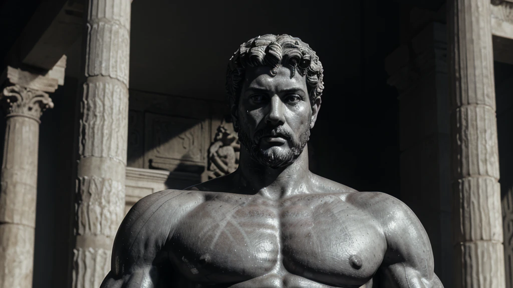 a portrait statue of the stoic Marcus Aurelius in black and white 4K, Super realistic ANCIENT GREEK RUINS, fully body, corpo stark, brawny, stark, wearing no shirt, tronco stark, stark, wearing no shirt, strong arms, 8K, ultra realisitic, cinematographic