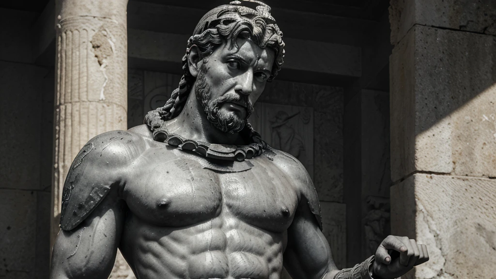 a portrait statue of the stoic Marcus Aurelius in black and white 4K, Super realistic ANCIENT GREEK RUINS, fully body, corpo stark, brawny, stark, wearing no shirt, tronco stark, stark, wearing no shirt, strong arms, 8K, ultra realisitic, cinematographic
