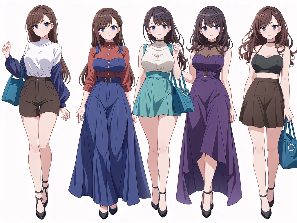 (((Best Quality))) , ((full body)), 4 lady, adult woman, multiple views, (((white background,))) variety of hairstyles, variety of fashion styles, seductive pose, fashionable and trendy atmosphere, holding bag, walk pose, dark blue/dark orange/dark green/dark violet/brown/white, short pants, bustier,