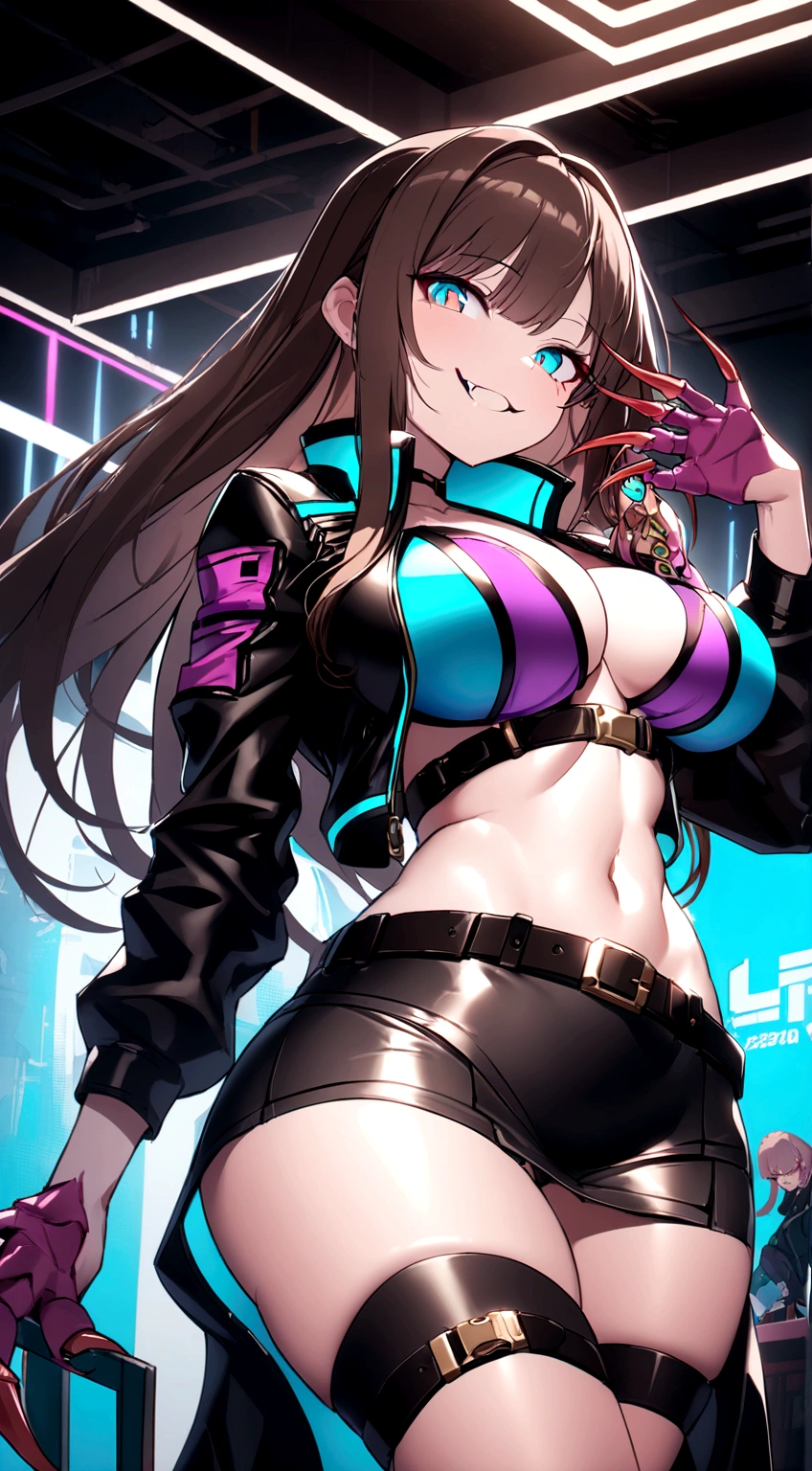 A girl, long brown hair, Heteroromia, left violet eye, Right Golden Eye, Turquoise cyberpunk top, leather jacket, skirt raised, open tummy, Breasts Open, breasts big, pretentious smile, tooth, fangs, claws, high qualiy, 4K, High definition, bom detalhe