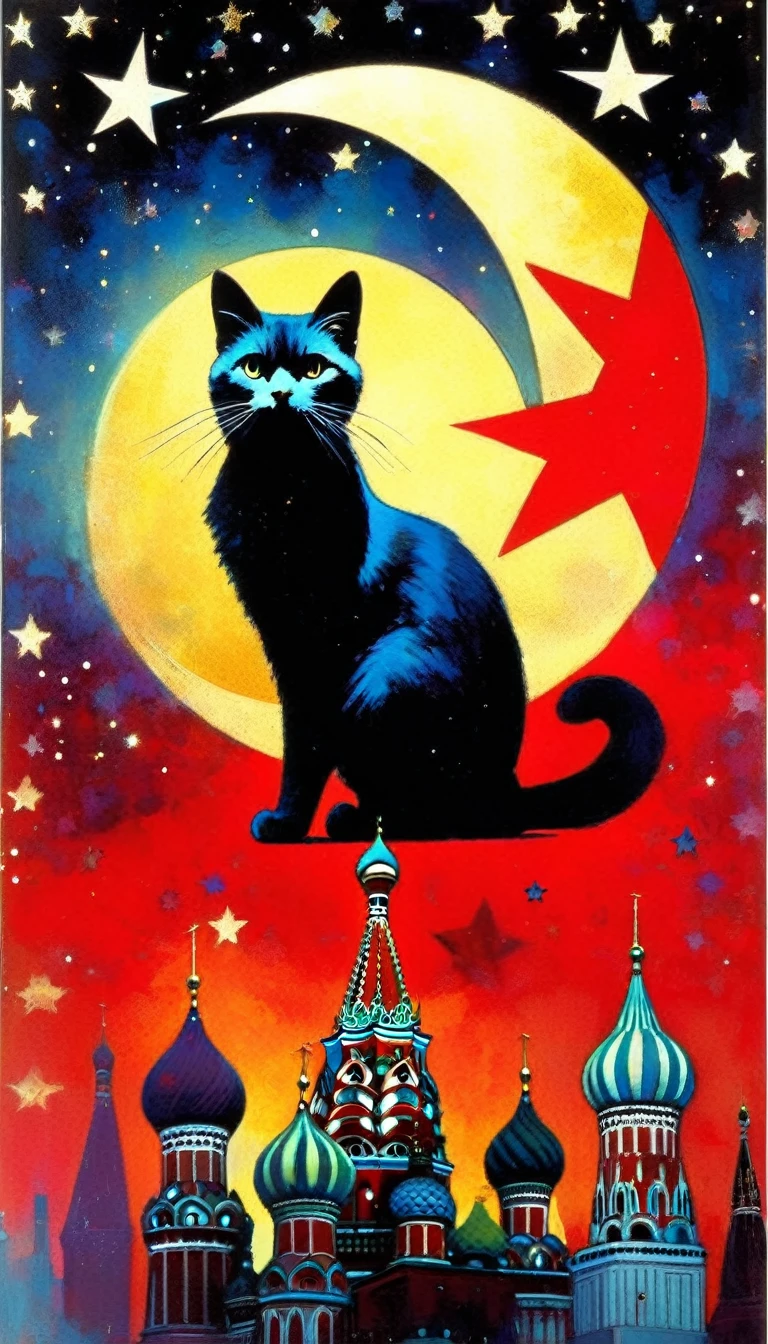 1communist cat, red star, magic, fantastic, night sky, moon, stars, background, Moscow (art inspired in Bill Sienkiewicz). oil painting)
