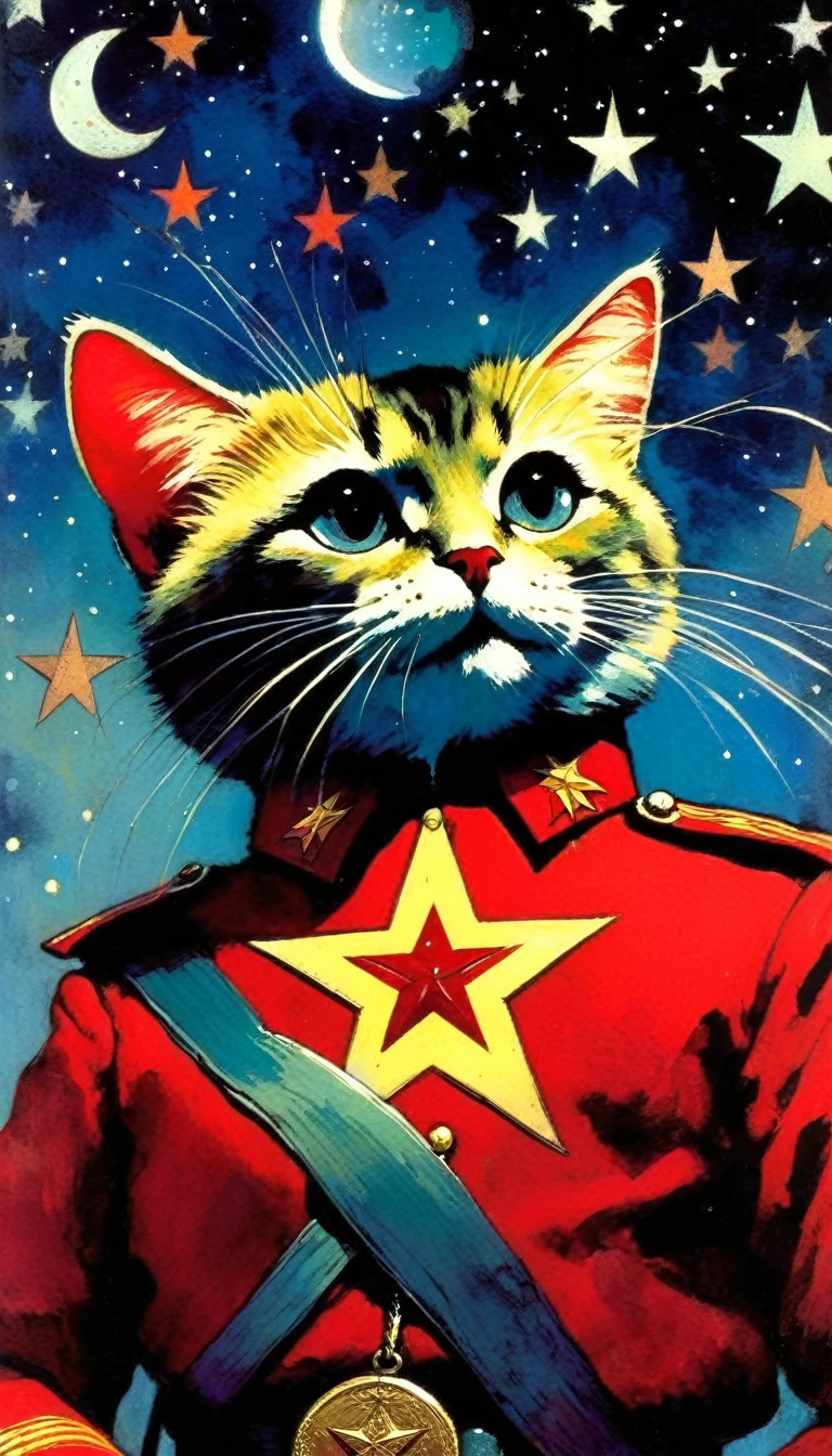 1communist cat, red star, magic, fantastic, night sky, moon, stars, background, Moscow (art inspired in Bill Sienkiewicz). oil painting)