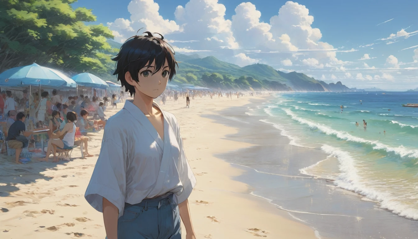 Beach , Anime Realism, The style of Makoto Shinkai and Makoto Niitsu, Highest quality, masterpiece, 8K, Representative works, Official Art, Professional, Super intricate details、Beach 夏祭り, Anime Realism,、The style of Makoto Shinkai and Makoto Niitsu, Highest quality, masterpiece, 8K, Representative works, Official Art, Professional, Super intricate details