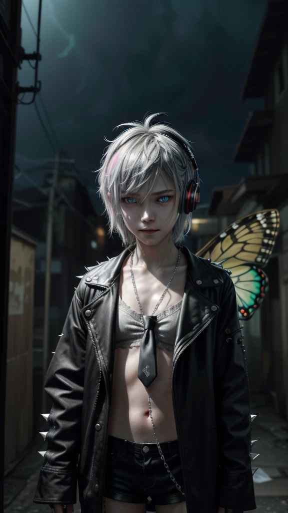 chromatic aberration, depth of field, soft lighting, masterpiece, best quality, intricate, tone mapped, highly detailed, art station, concept art, soft, sharp focus, dramatic lighting, highly detailed artwork, cinematic, hyper realistic painting, Artstation trend, 8K, amazing shadows, realistic (highly detailed background: 1.0), a very detailed portrait of a lonely girl standing in a corner, during a storm with lightning and a cloudy sky, neon and cyberpunk background. punk clothing with silver chains and silver spikes, has a butterfly wing shaped hairpin in his wild hair, has headphones and a tie, detailed glowing red eyes with distinct pupils, sinister aura Halo, smile, punk, cyberpunk, backlight