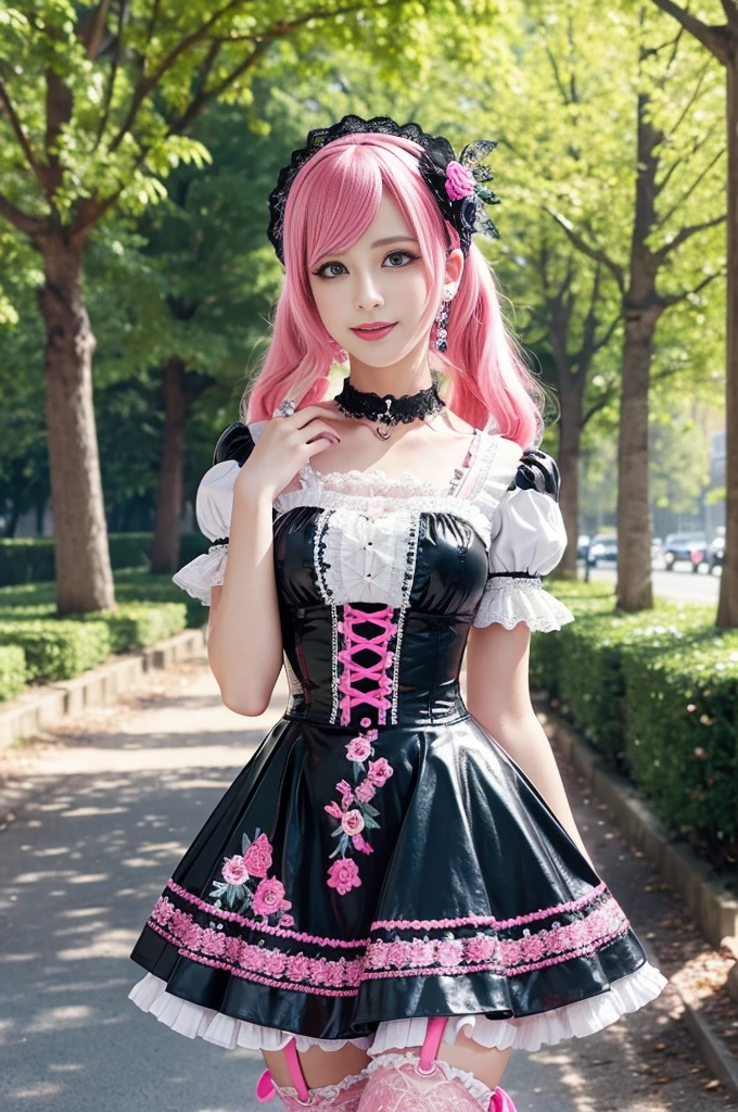 sexy stylish Swedish model, only 1 female, ((doll-like appearance)), long neon pink stylish hair, ((shiny Victorian-Style boots)), (happy smile), very detailed eyes, vivid eye makeup, lipgloss, long lashes, defined eyebrows, ((sexy Paradise Kiss cosplay)), bell-shaped skirt, petticoats, high neckline, puffed sleeves, (( ultra detailed lace)), ((ultra detailed embroidery)), intricate details, Paradise Kiss accessoires and matching headpiece, choker, ((large sparkling Paradise Kiss jewelry)), cinematic light, detailed large park background with trees