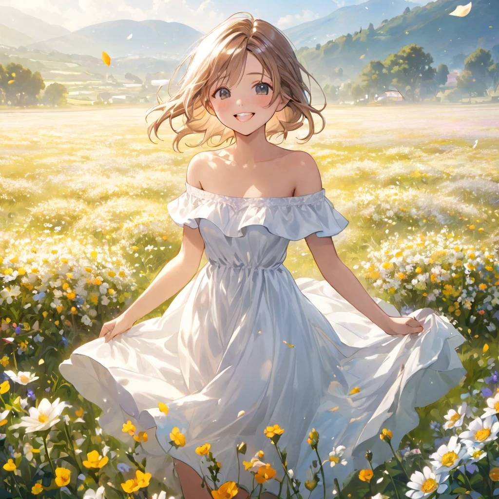 Best Quality, Masterpiece, ultra high resolution, (photorealistic:1.4), photo and gross, 1 girl, White dress, off the shoulder, field of flowers, shiny skin, light smile