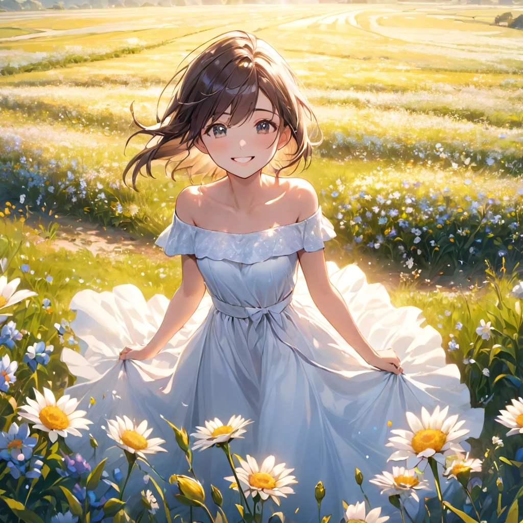 Best Quality, Masterpiece, ultra high resolution, (photorealistic:1.4), photo and gross, 1 girl, White dress, off the shoulder, field of flowers, shiny skin, light smile