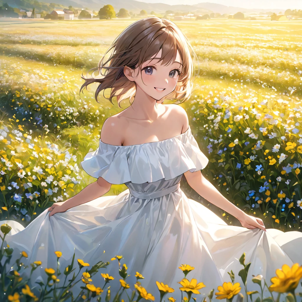 Best Quality, Masterpiece, ultra high resolution, (photorealistic:1.4), photo and gross, 1 girl, White dress, off the shoulder, field of flowers, shiny skin, light smile