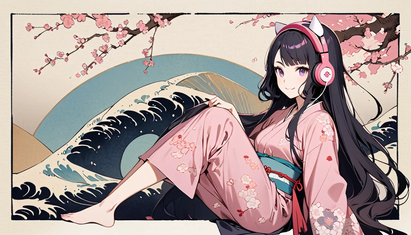 Highest quality, Katsushika Hokusai, Ink Painting, (((very straight longhair))), (((1 girl))), (((Pale pink short yukata))), (((smile))), Japanese style headphones, cherry blossoms, beautiful girl, Black Hair, Delicate and precise, Modern ukiyo-e style, Pink eyes