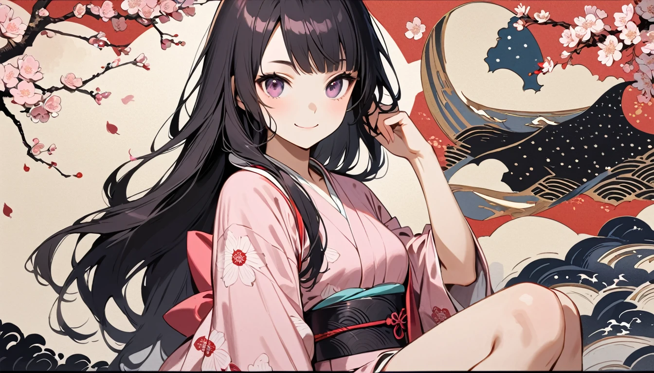 Highest quality, Katsushika Hokusai, Ink Painting, (((very straight longhair))), (((1 girl))), (((Pale pink short yukata))), (((smile))), Japanese style headphones, cherry blossoms, beautiful girl, Black Hair, Delicate and precise, Modern ukiyo-e style, Pink eyes