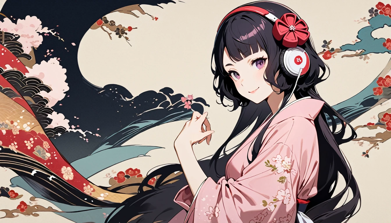 Highest quality, Katsushika Hokusai, Ink Painting, (((very straight longhair))), (((1 girl))), (((Pale pink short yukata))), (((smile))), Japanese style headphones, cherry blossoms, beautiful girl, Black Hair, Delicate and precise, Modern ukiyo-e style, Pink eyes