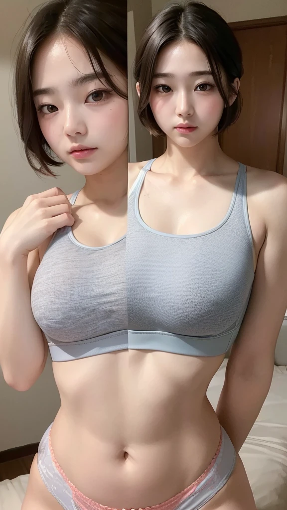 (((masterpiece))),(((High resolution)))、(((8K)))、(((perfect face)))、(((Korean beauty)))、20 years old、thighs, (((beautiful face))), (((sports bra))), ((panty)), embarrassed look, look at the camera, top quality eyes, detailed texture, (big tits), ((high resolution face)), (plump), short hair, nsfw