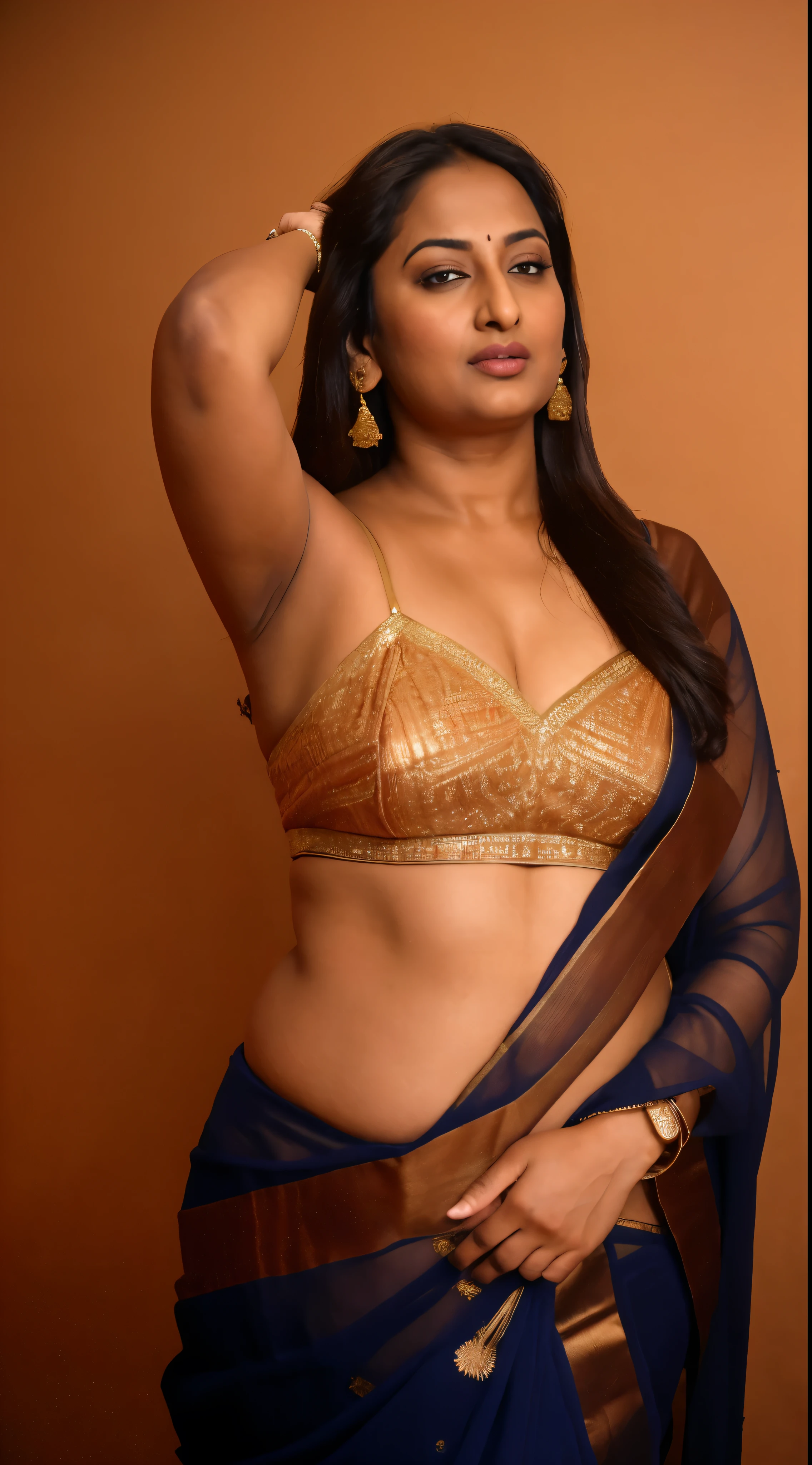 Foto RAW, photorealistic, photography, full body shot, 50 years old Woman, master shot, perfect eyes, goddess like beauty, pierced eyes, perfect thick chubby mallu Desi aunty bhabhi, Wearing a Stanapatta, a chest-band.Saree model, model Photography, Indian saree shoot, Indian traditional wear advertising photography, traditional wear brand shoot, face of Indian actress Sonakshi Sinha, masterpiece, realistic, realism, incredible details, pleasure, photorealism, detailed skin, skin pores, high contrast, photorealistic Artstation 8k HD digital art trend of high definition and detailed realistic skin texture, ultra detail, realistic skin texture, armature, best quality, ultra high definition, (photorealistic:1.4),, high resolution, detail, raw photo, sweat, Re sharp, by Lee Jefferies Nikon D850 Film Stock Photo 4 Kodak Portra 400 Camera F1.6 Lens Rich Color Ultra Real Realistic Realistic Textures Dramatic Lighting Unreal Engine Trending at Art Station Cinestill 800,(pele altamente detalhada: 1.2), 8k UHD, DSLR, soft-lighting, alta qualidade, grain of film, Fujifilm XT3,she didn't like to wear blouse or bra, she is happy to wear only saree, she hates blouse or bra, detailed hairy armpits, hyper realistic skin, skin pores, sweat, veins, short hairs on armpit, stubble armpits, hyper realistic hairy armpits,