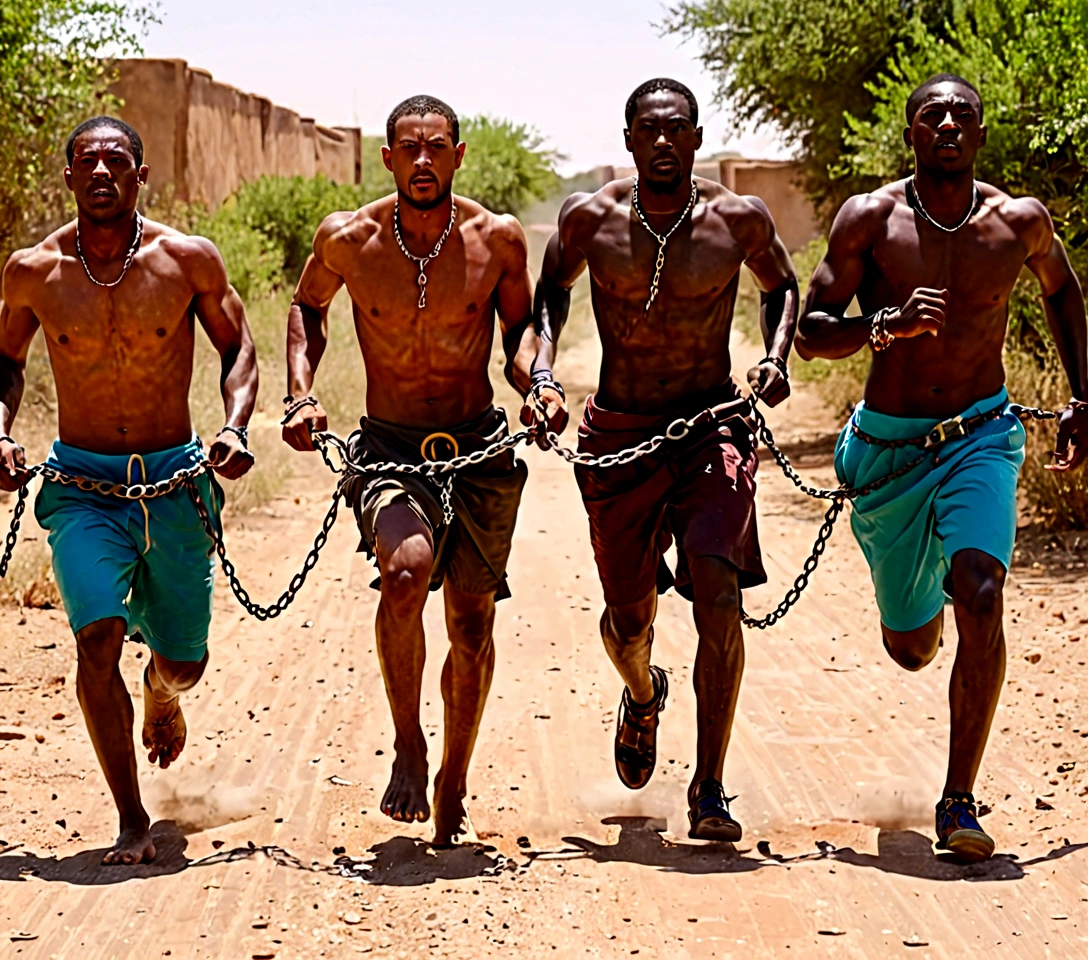 4 men chained at the waist running