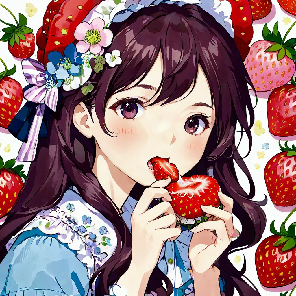Girl eating strawberry。アニメ
