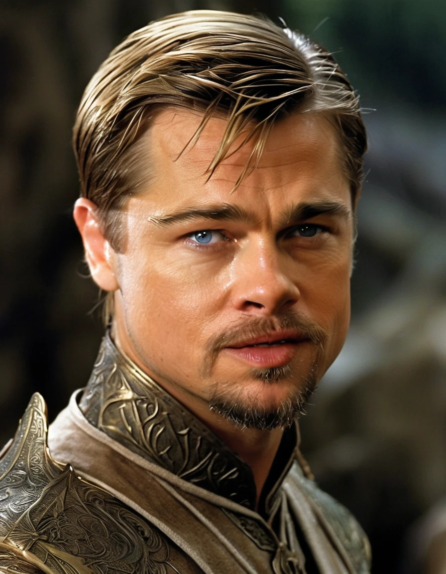 leonardo dicaprio young, fantasy, medieval, blonde hair, blue eyes, elf ears, elven prince, slick back hair, short hair, icey look, no beard, elven ears, elven, elf, prince, armor, medieval background, HD, inlove, handsome face, leonardo titanic movie, no beard, younger face, young,