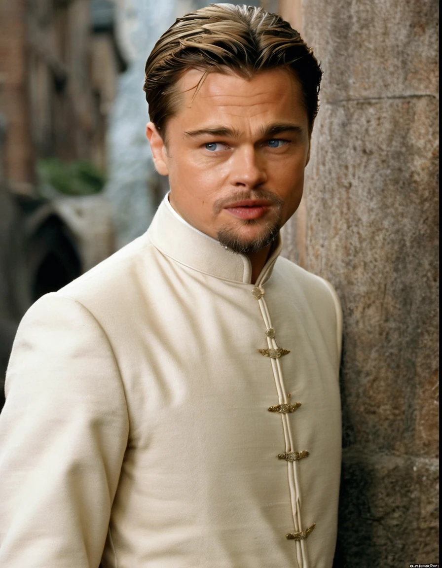 leonardo dicaprio young, fantasy, medieval, blonde hair, blue eyes, elf ears, elven prince, slick back hair, short hair, icey look, no beard, elven ears, elven, elf, prince, armor, medieval background, HD, inlove, handsome face, leonardo titanic movie, no beard, younger face, young,