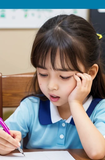 close half eyes, open mouth, drool, sitting school chair, grab pen with right hand, drooping head