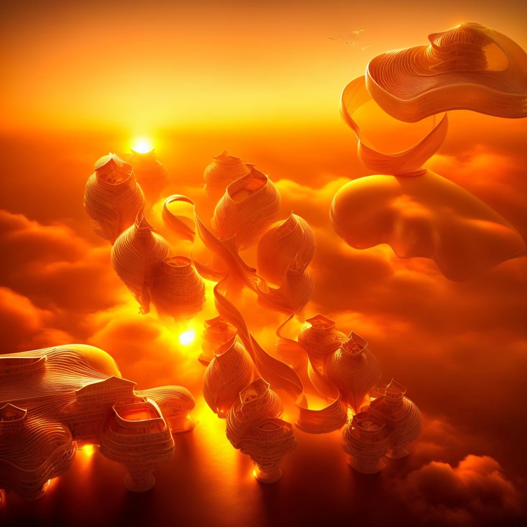 Ethereal skybound hotel cocooned in a giant butterfly, luminous butterflies fluttering around, exquisite masterpiece, ultra-realistic, hyper-detailed, digital art, mesmerizing golden sunset, intricately detailed, hotel soaring above the earth amidst fluffy clouds, panoramic hotel complex, celestial ambiance, surreal, dreamlike quality, immense high resolution, impeccable high dpi