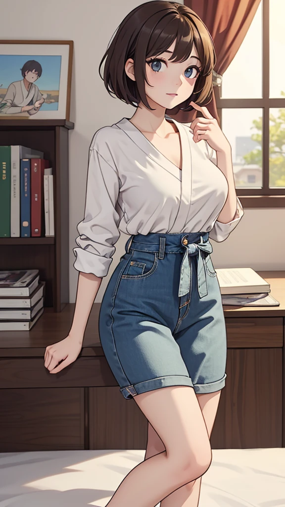 (((masterpiece, best quality, ultra highres, 1 girl, solo, no background))), super detailed skin and face and eyes and finger, beautiful japanese woman, small breasts:1.5, skinny, light brown hair, white background, very short pixie hair, (an illustration of girl), Knee shot, Generate with illustrations, Various expressions, Various poses,  outline, anime, casual fashion,