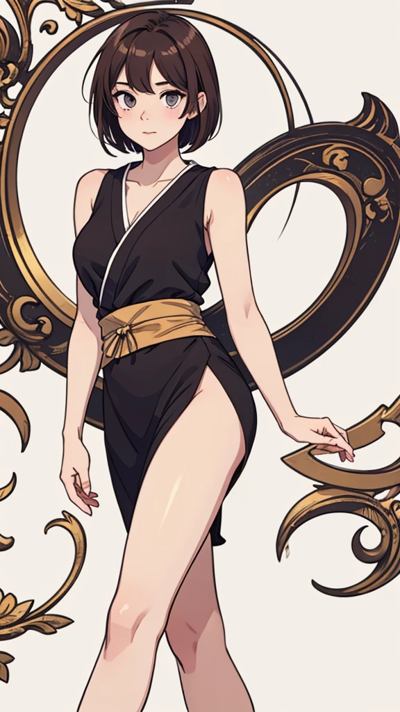 (((masterpiece, best quality, ultra highres, 1 girl, solo, no background))), super detailed skin and face and eyes and finger, beautiful japanese woman, small breasts:1.5, skinny, light brown hair, white background, very short pixie hair, (an illustration of girl), Knee shot, Generate with illustrations, Various expressions, Various poses, outline, anime, casual fashion,