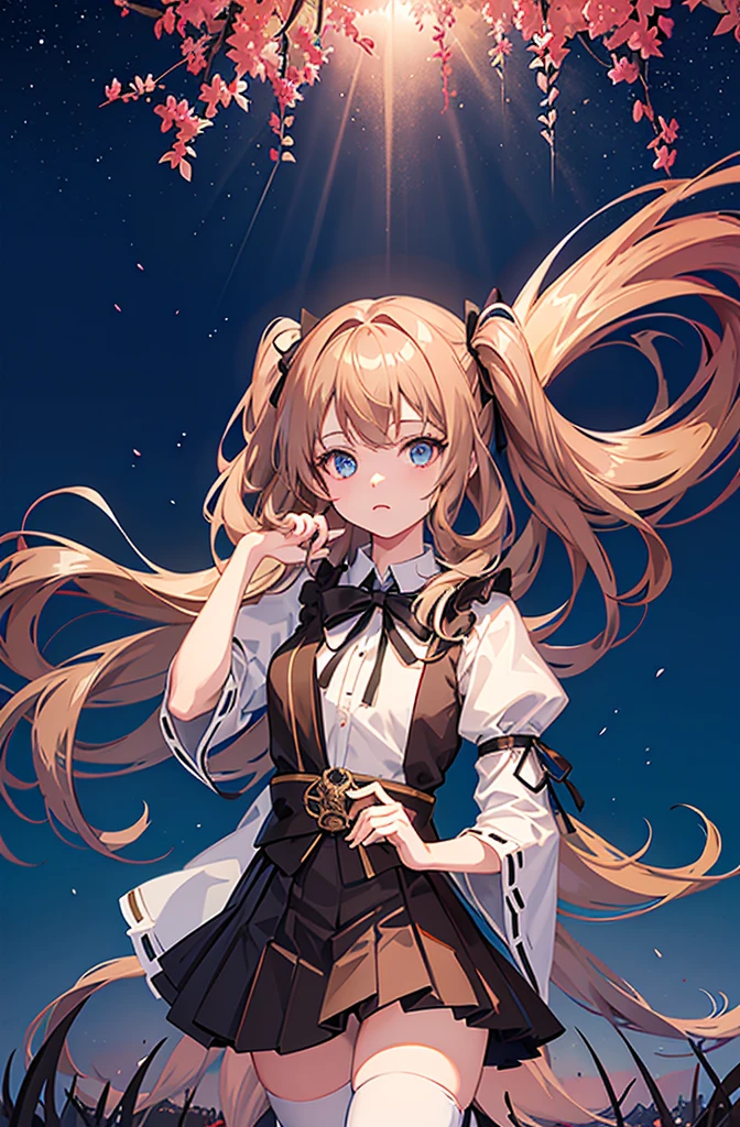 1girl,  solo, outdoors, long hair, holy place, Original,(Illustration:1.1),(Best Quality),(masutepiece:1.1),(the Extremely Detailed CG Unity 8K Wallpapers:1.1), (Colorful:0.9),(mid-shot:0.9??????tremely detailed beautiful face),(Solo:1.2), (girl),(((Lori))), (Detailed beautiful eyes:1.15), (Beautiful face:1.15), (Glowing blue eyes:1.25////),(((Brown Long Hair))),(two side up),(+perfect hand+:1.21),(Draw illustration of Japan priestess costume),(slender),(White pleated skirt),(Gothic),((black thighhighs)),(frilld),(Beautiful Slender Lolita Girl),standing, girl,10 years old,  girl,foggy place,