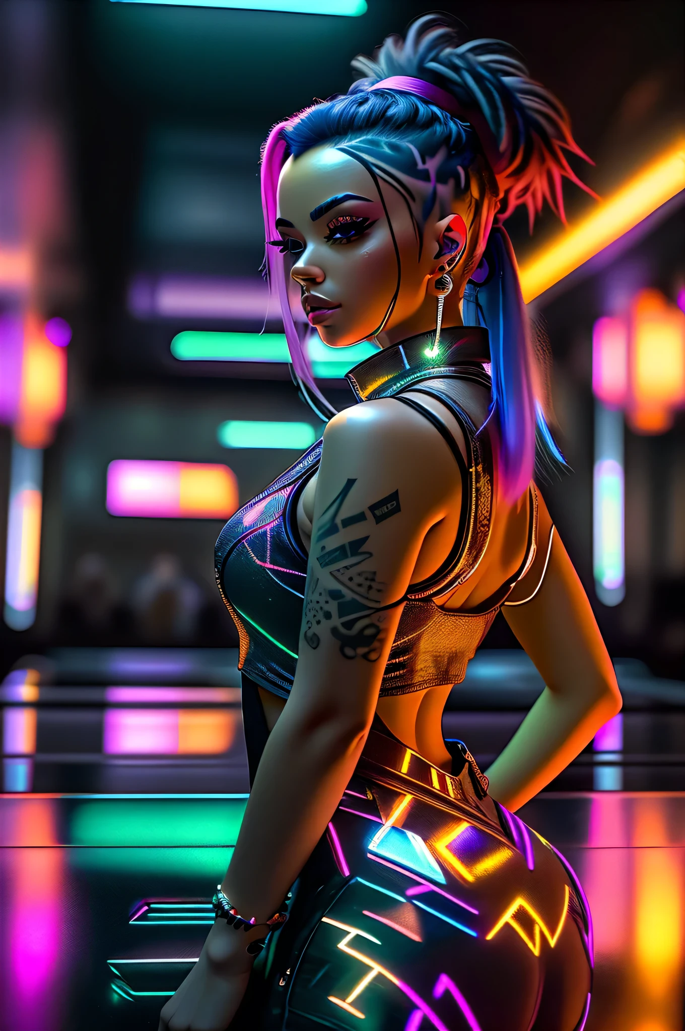 A photo of a cyberpunk female standing at the bar of a futuristic nightclub, holding a glowing drink in her hand. Her hair is slicked back into a sleek and futuristic ponytail, with glowing accents. She wears a form-fitting cyberpunk ensemble that catches the vibrant lights of the club. The club's environment features holographic displays, cascading waterfalls of light, and a pulsating dance floor. The camera focuses on her upper body, capturing her relaxed and alluring presence amidst the club's dynamic ambiance.