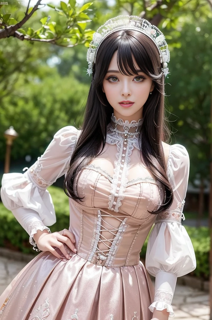 sexy stylish Spanish model, only 1 female, ((doll-like appearance)), ((very detailed Victorian-Style boots)), (happy smile), very detailed eyes, vivid eye makeup, lipgloss, long lashes, defined eyebrows, ((sexy Paradise Kiss cosplay)), bell-shaped skirt, petticoats, high neckline, puffed sleeves, ((very detailed lace)), ((very detailed embroidery)), intricate details, Paradise Kiss accessoires and matching headpiece, Paradise Kiss choker, ((large sparkling Paradise Kiss jewelry)), cinematic light, detailed large park background with trees