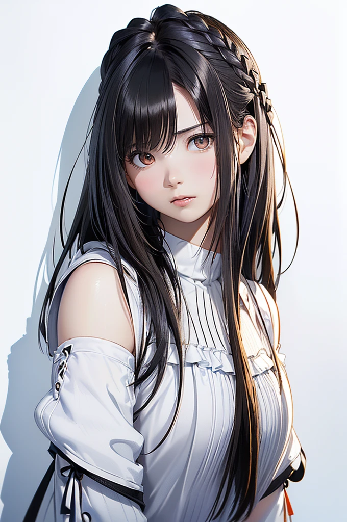 (Highest quality, 8K, oil, Tabletop:1.2), Super detailed, (Realistic, Realistic:1.37), (((Bust Shot)))、(((Black Hair)))、(((Upper Body Shot)))、、 (((Black Hairの)))、(((Semi-long hair)))、((( White Background)))、(((Girly Hairstyles)))、(((In front of a white wall)))、(((A melancholic look)))、((nsfw))(((()))(((infant)))((Lolita))(na