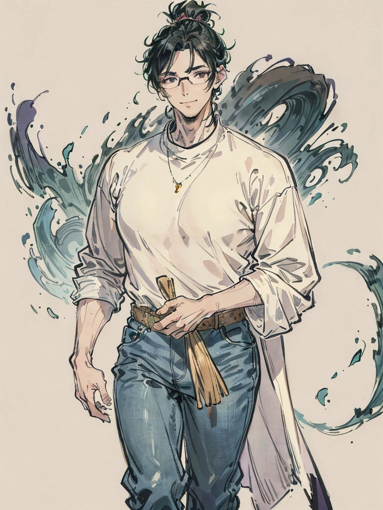 A handsome young man with curly, fluffy black hair, hooded almond-shaped eyes in a mossy green color, smooth and soft olive-toned skin, defined facial features, a slender, triangular body shape, a straight nose with a soft tip, plump, full lips with a pronounced Cupid's bow, a wide mouth, long lashes, tall stature with large hands and dark purple painted nails, a chiseled jawline, high cheekbones, and thick straight eyebrows, yet with a gentle demeanor. He wears a white shirt, a beige sweater on top, loose light blue denim jeans, and white shoes. He has rectangular thin-framed glasses and a "messy cut" hairstyle. His smile is kind and welcoming, with perfectly white teeth despite having sharp canines.