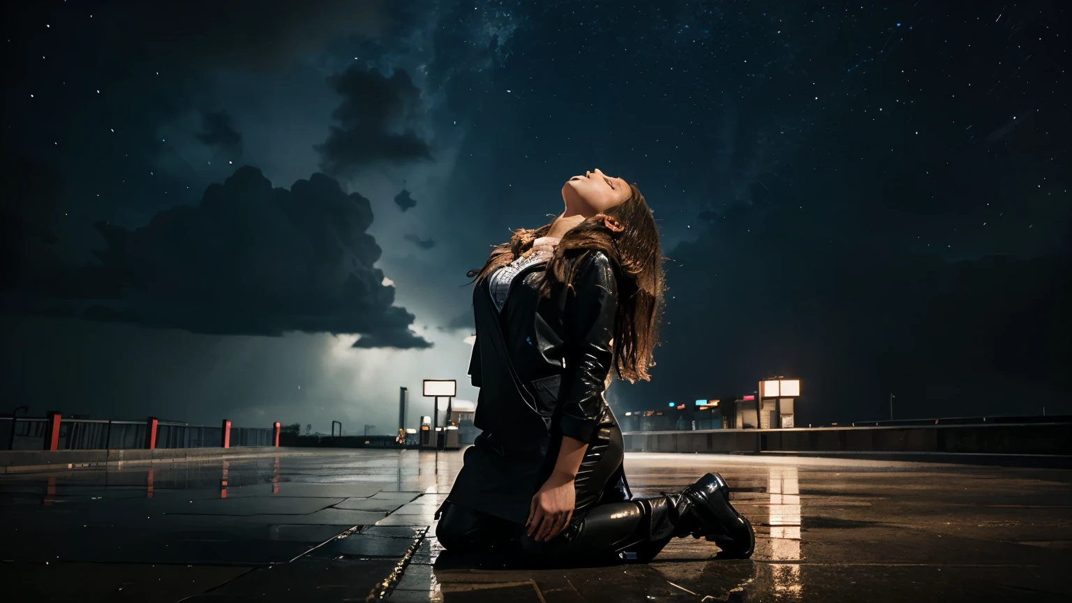 woman kneeling in the pouring rain, looking upward at the sky