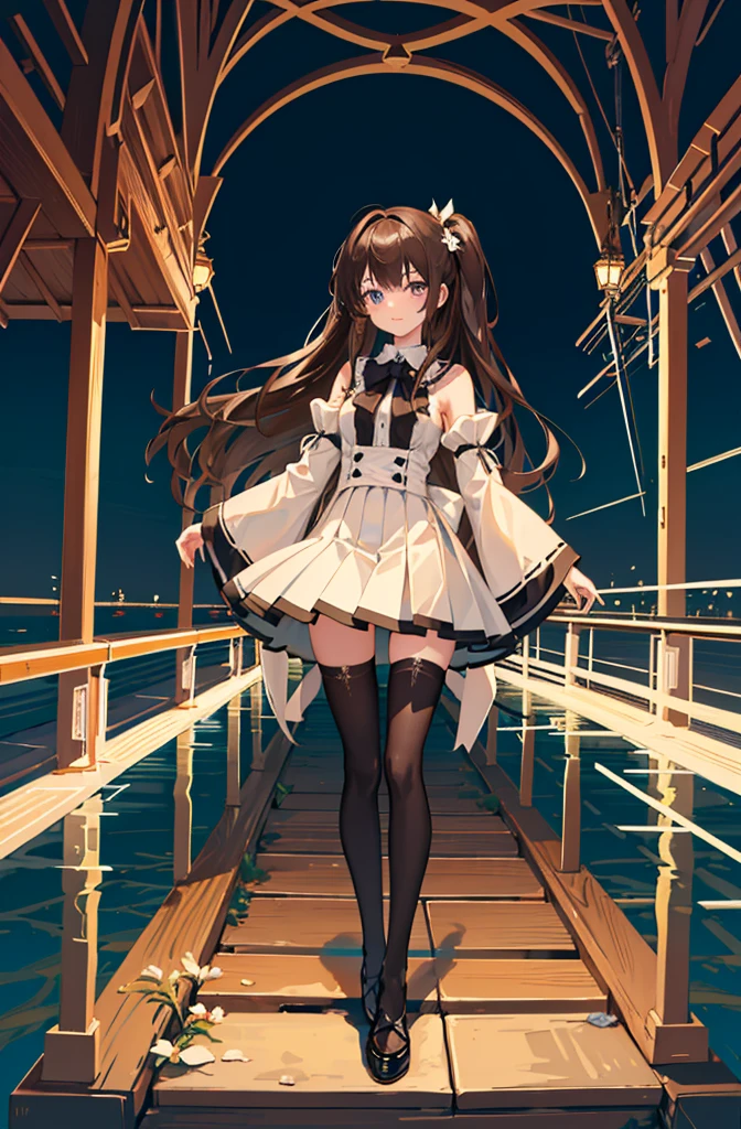 1girl,  solo, outdoors, long hair, holy place, Original,(Illustration:1.1),(Best Quality),(masutepiece:1.1),(the Extremely Detailed CG Unity 8K Wallpapers:1.1), (Colorful:0.9),(mid-shot:0.95),(extremely detailed beautiful face),(Solo:1.2), (girl),(((Lori))), (Detailed beautiful eyes:1.15), (Beautiful face:1.15), (Glowing blue eyes:1.25////),(((Brown Long Hair))),(two side up),(+perfect hand+:1.21),(Draw illustration of Japan priestess costume),(slender),(White pleated skirt),(Gothic),((black thighhighs)),(frilld),(Beautiful Slender Lolita Girl),hallowween,standing, girl,10 years old,  girl,underground waterway,((dark place)),((dark place)),((dark place)),((dark place)),((Dark underground canals where light does not reach)),