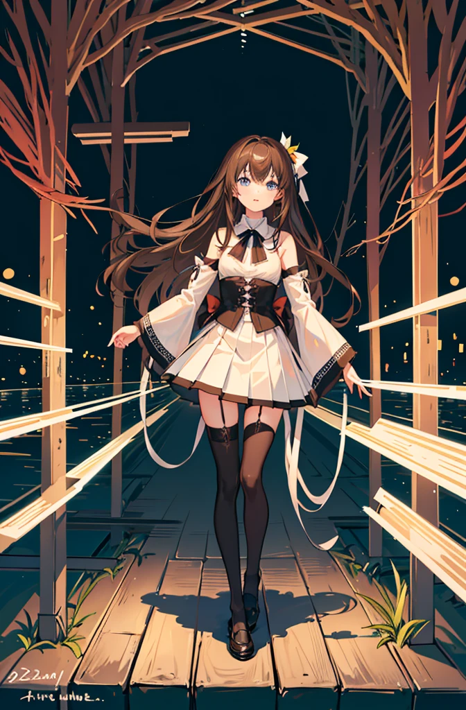 1girl, solo, outdoors, long hair, holy place, Original,(Illustration:1.1),(Best Quality),(masutepiece:1.1),(the Extremely Detailed CG Unity 8K Wallpapers:1.1), (Colorful:0.9),(mid-shot:0.95),(extremely detailed beautiful face),(Solo:1.2), (girl),(((Lori))), (Detailed beautiful eyes:1.15), (Beautiful face:1.15), (Glowing blue eyes:1.25////),(((Brown Long Hair))),(two side up),(+perfect hand+:1.21),(Draw illustration of Japan priestess costume),(slender),(White pleated skirt),(Gothic),((black thighhighs)),(frilld),(Beautiful Slender ta Girl),hallowween,standing, girl,10 yirl,underground waterway,((dark place)),((dark place)),((dark place)),((dark place)),((Dark underground canals where light does not reach)),