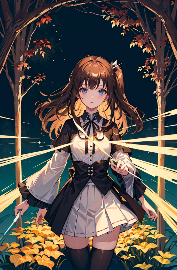 1girl,  solo, outdoors, long hair, holy place, Original,(Illustration:1.1),(Best Quality),(masutepiece:1.1),(the Extremely Detailed CG Unity 8K Wallpapers:1.1), (Colorful:0.9),(mid-shot:0.95),(extremely detailed beautiful face),(Solo:1.2), (girl),(((Lori))), (Detailed beautiful eyes:1.15), (Beautiful face:1.15), (Glowing blue eyes:1.25////),(((Brown Long Hair))),(two side up),(+perfect hand+:1.21),(Draw illustration of Japan priestess costume),(slender),(White pleated skirt),(Gothic),((black thighhighs)),(frilld),(Beautiful Slender ta Girl),hallowween,standing, girl,10 yirl,underground waterway,((dark place)),((dark place)),((dark place)),((dark place)),((Dark underground canals where light does not reach)),