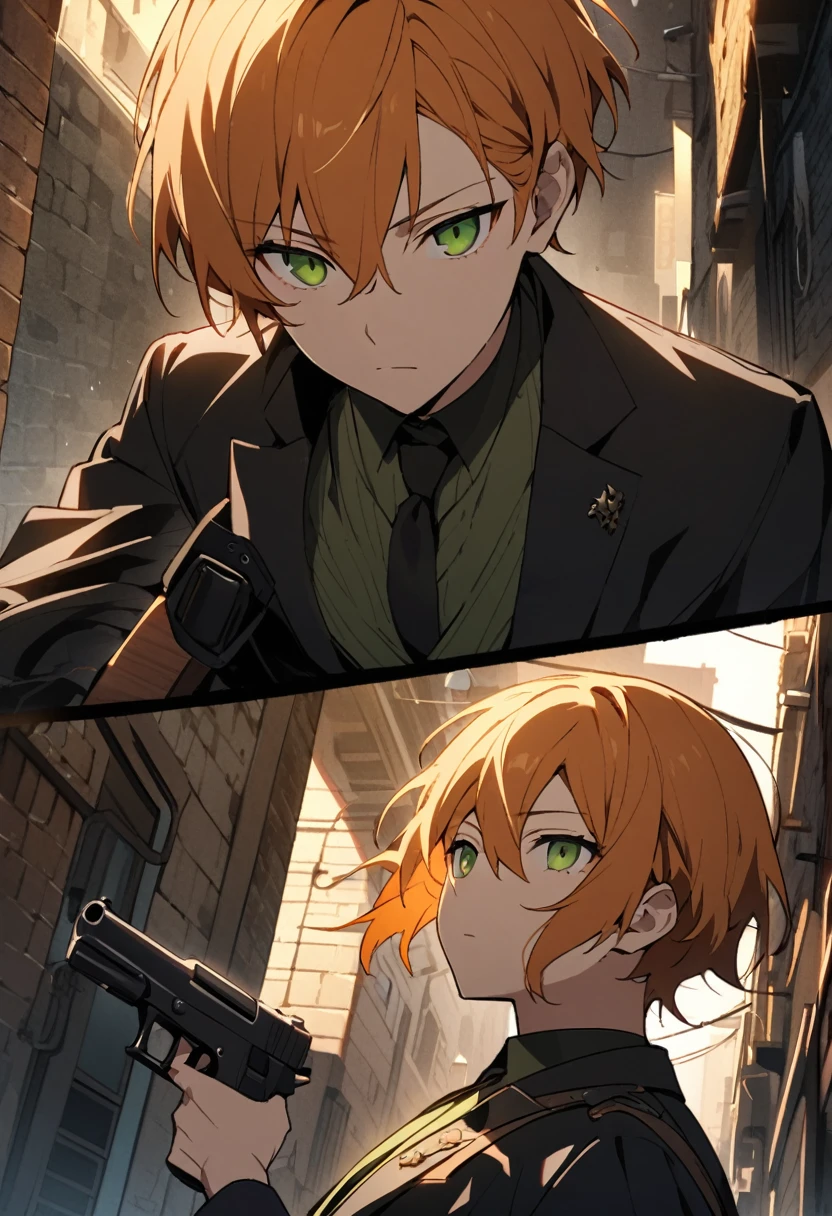 One man、Beautiful eyes、Orange Hair、Green Eyes、ハイライトのBeautiful eyes、evening、Dark Back Alley、Holding a gun、Pistol、Black suit、Long sleeve、Cool angle、Point the muzzle at us、Expressionless、cool、Upper Body、Pistolを向ける、Pistolを構える、